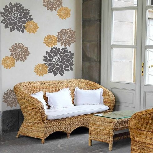 Sunshine Dahlias Wall Stencils, 2-Piece Wall Art Stencil, DIY Home Decor, Medium