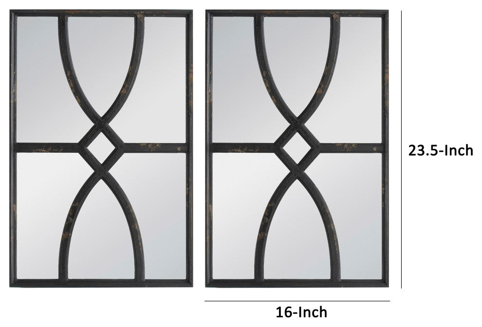 Benzara BM285574 24" Fir Wood Wall Mirror 2-Piece Set, Geometric Overlaid. Black