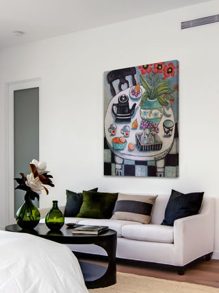 "Fruit and Flowers on White Table" Painting Print on Wrapped Canvas