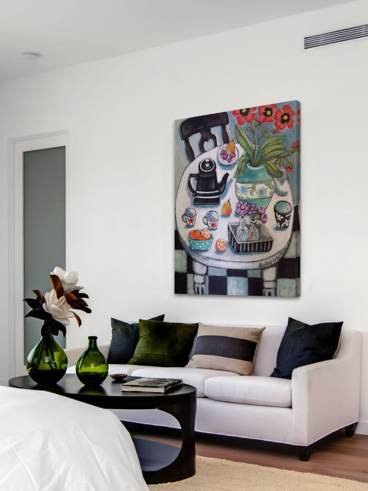 "Fruit and Flowers on White Table" Painting Print on Wrapped Canvas