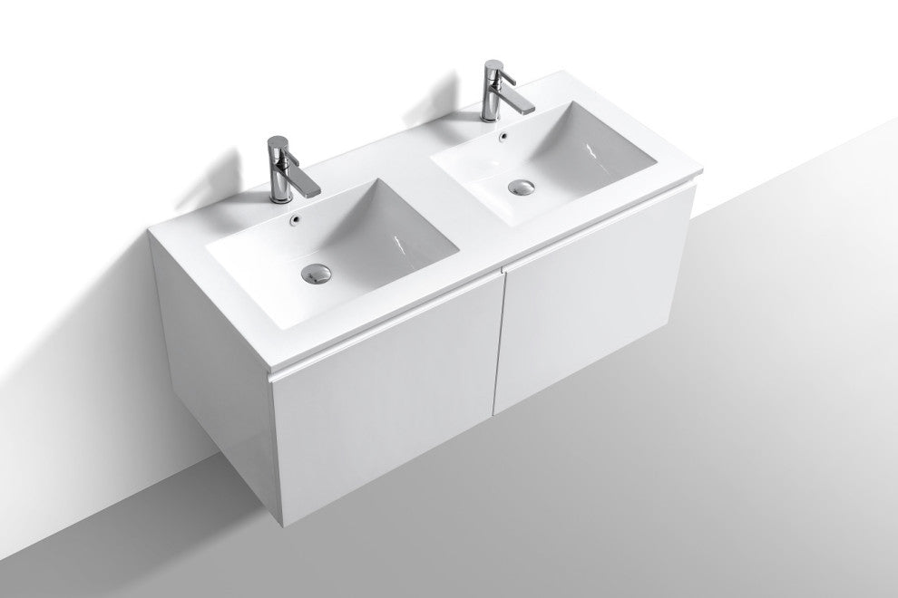 KubeBath Balli 48'' Double Sink Wall Mount Bath Vanity, High Gloss White