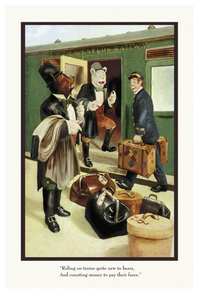 "Teddy Roosevelt's Bears: Teddy B and Teddy G Riding Trains" Paper Art, 42"x62"