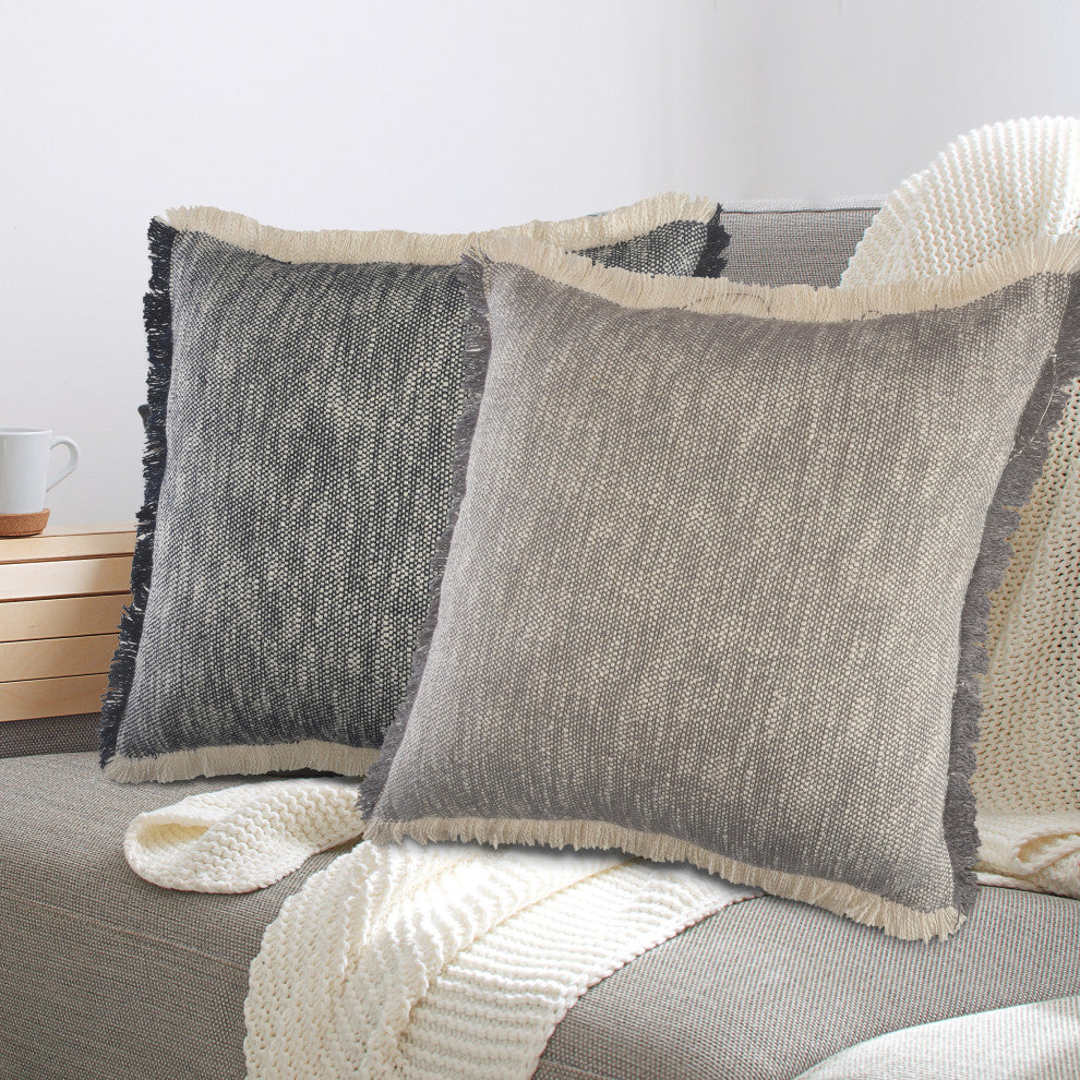 Two-Tone Cotton Throw Pillow with Fringe, Gray, 20" X 20"