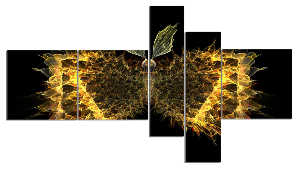 Golden Fractal Butterfly in Dark, Abstract Canvas Art Print, 60"x32", 5 panels