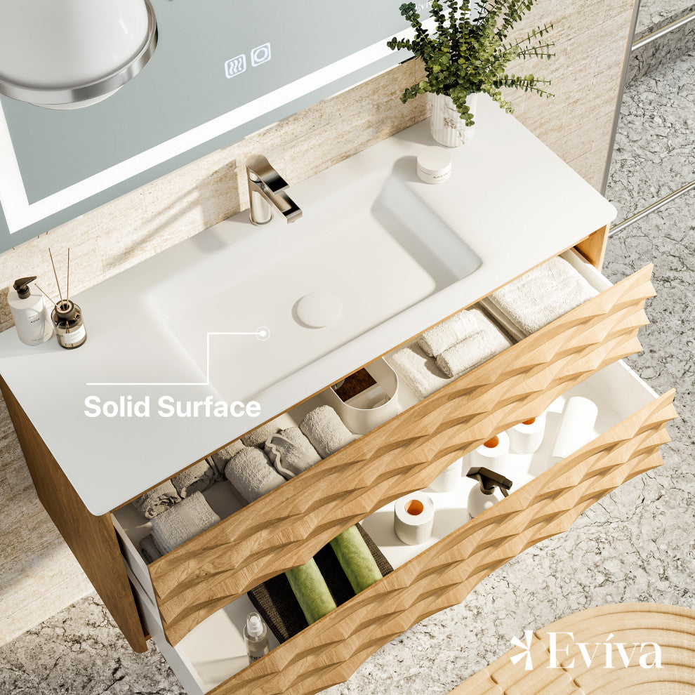 Eviva Oahu 44"W Oak Wall Mount Bath Vanity, White Solid Surface Countertop