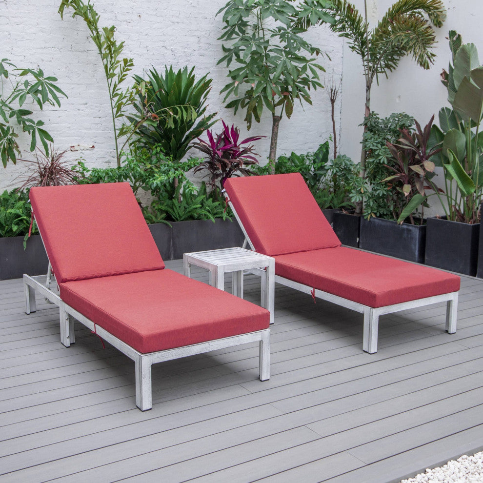 LeisureMod Chelsea Weathered Gray Chaise Lounge and Side Table Set of 2, Red