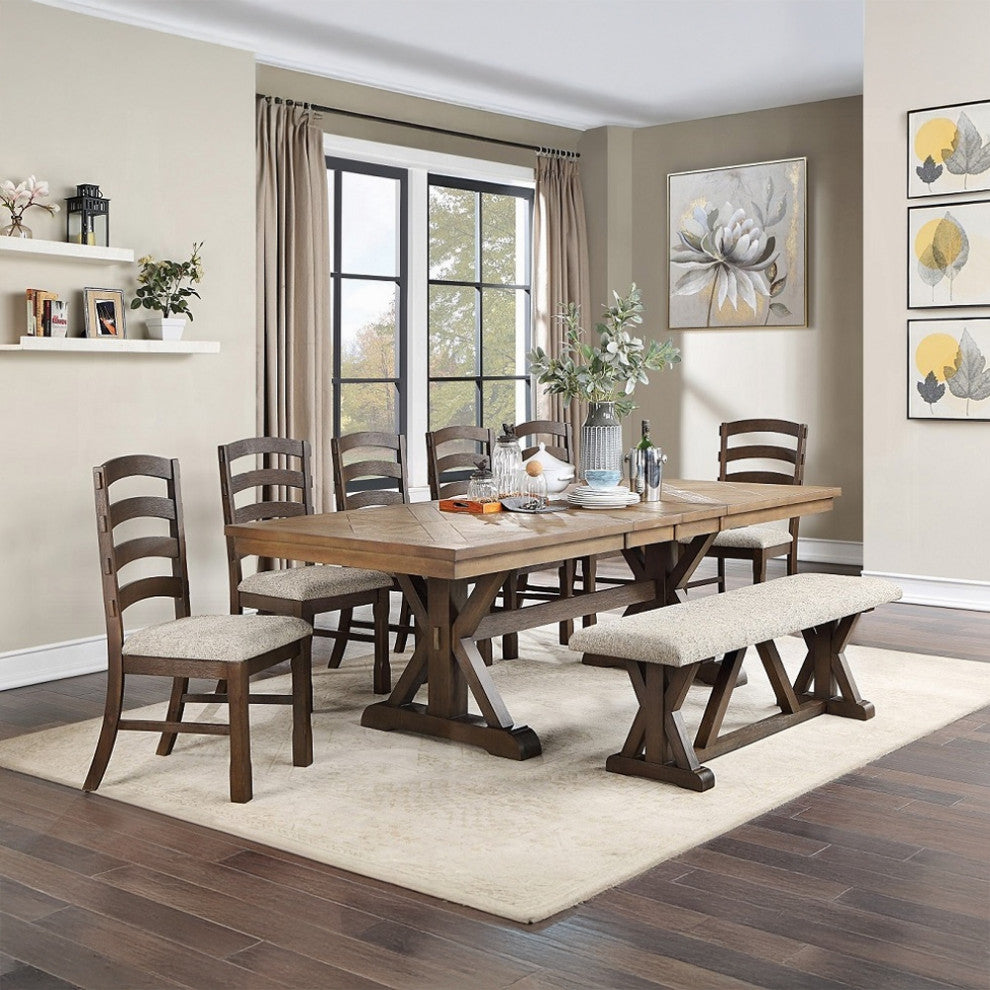 ACME Pascaline Bench, Gray Fabric, Rustic Brown and Oak Finish
