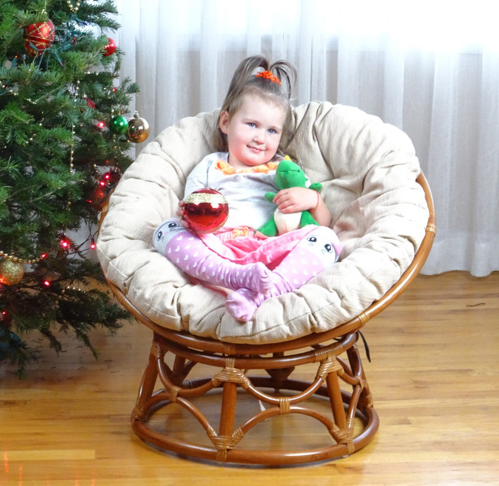 Kids Papasan Wicker Rattan Chair Natural Handmade With Cream Cushion, Colonial