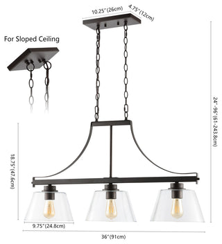 Jayden 36" 3-Light Industrial Farmhouse Iron/Glass Linear Pendant Bronze/Clear