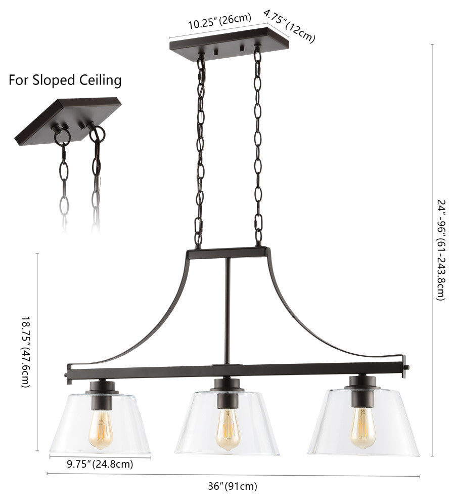 Jayden 36" 3-Light Industrial Farmhouse Iron/Glass Linear Pendant Bronze/Clear