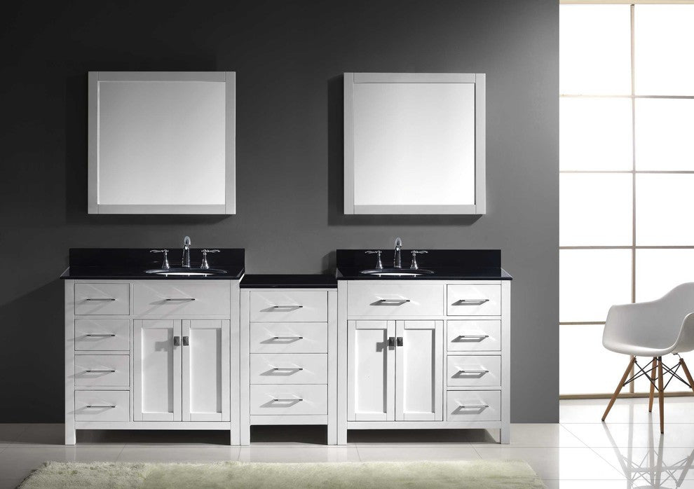 93" Double Bathroom Vanity, White, Round Sink, Polished Chrome