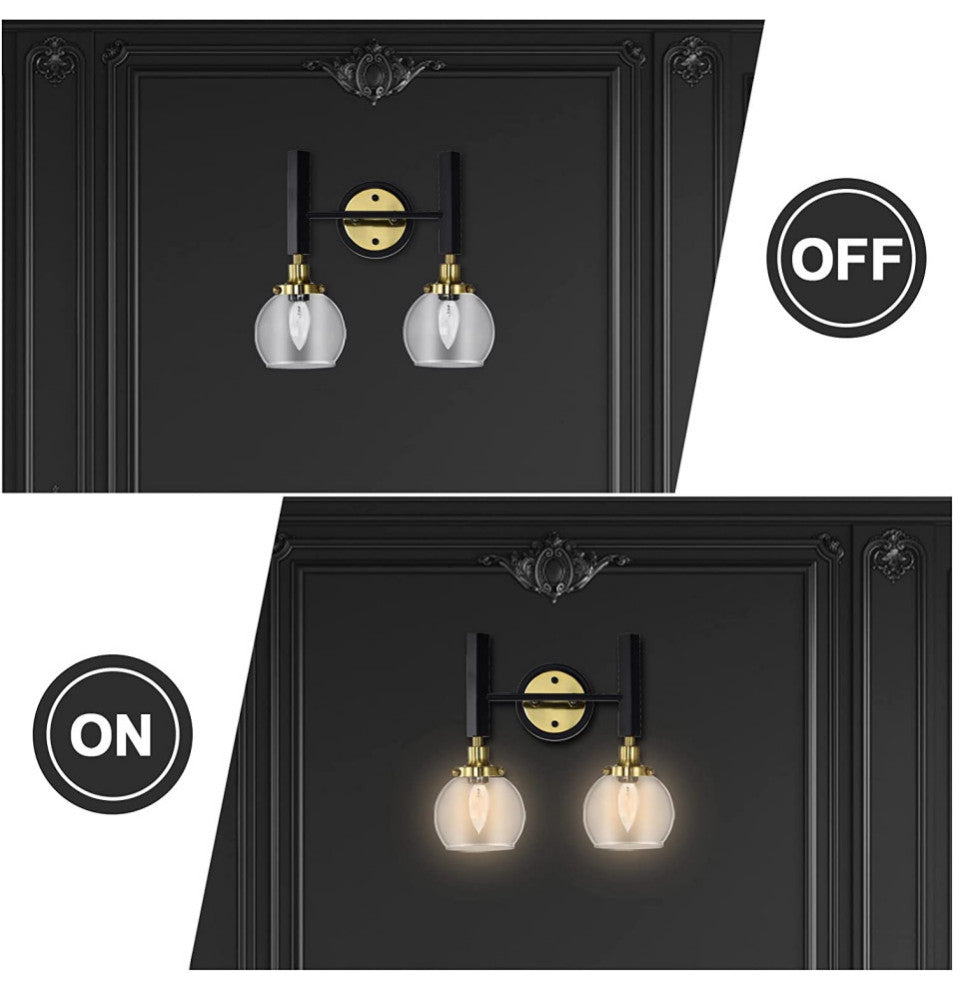 2 Light Black Wall Lights for Bedroom Industrial Wall Sconce Lighting GlassShade