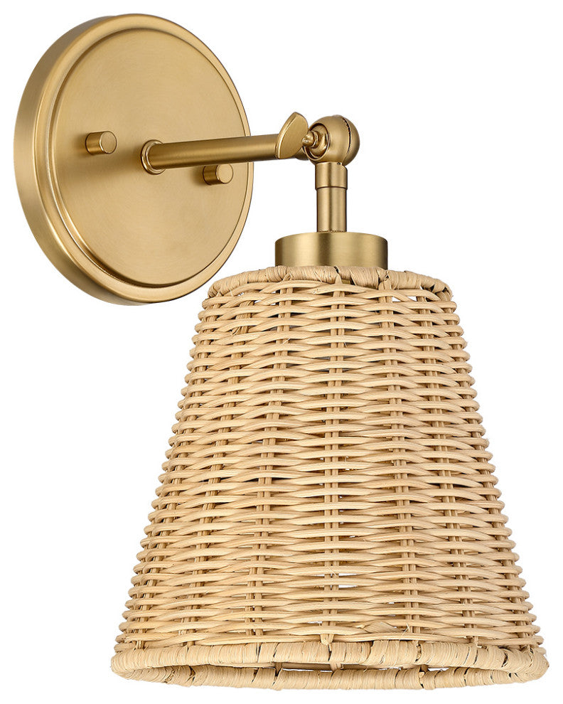 7" W 1-Light Natural Rattan Wall Sconce With Adjustable Swivel Swing Arm, Brass