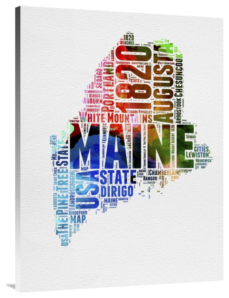 "Maine Watercolor Word Cloud" Fine Art Print