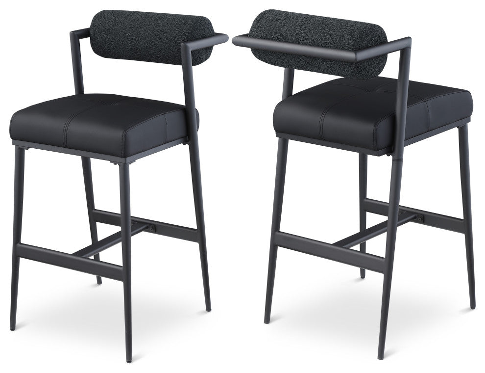 Stryker Boucle Fabric and Faux Leather Stool, Set of 2, Black