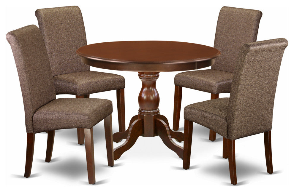 5 Pc Dining Set, Mahogany Wood Table, 4 Brown Faux Leather Chairs