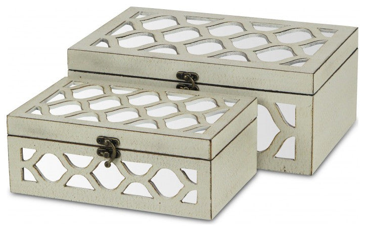 Set of White Quatrefoil Mirror Jewelry Storage Boxes