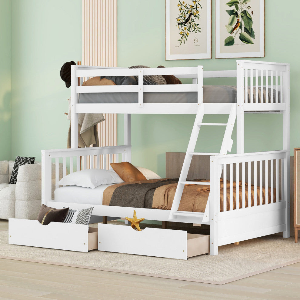 TATEUS Twin Over Full Bunk Bed With Storage Drawers Wood Bunked Bed, White