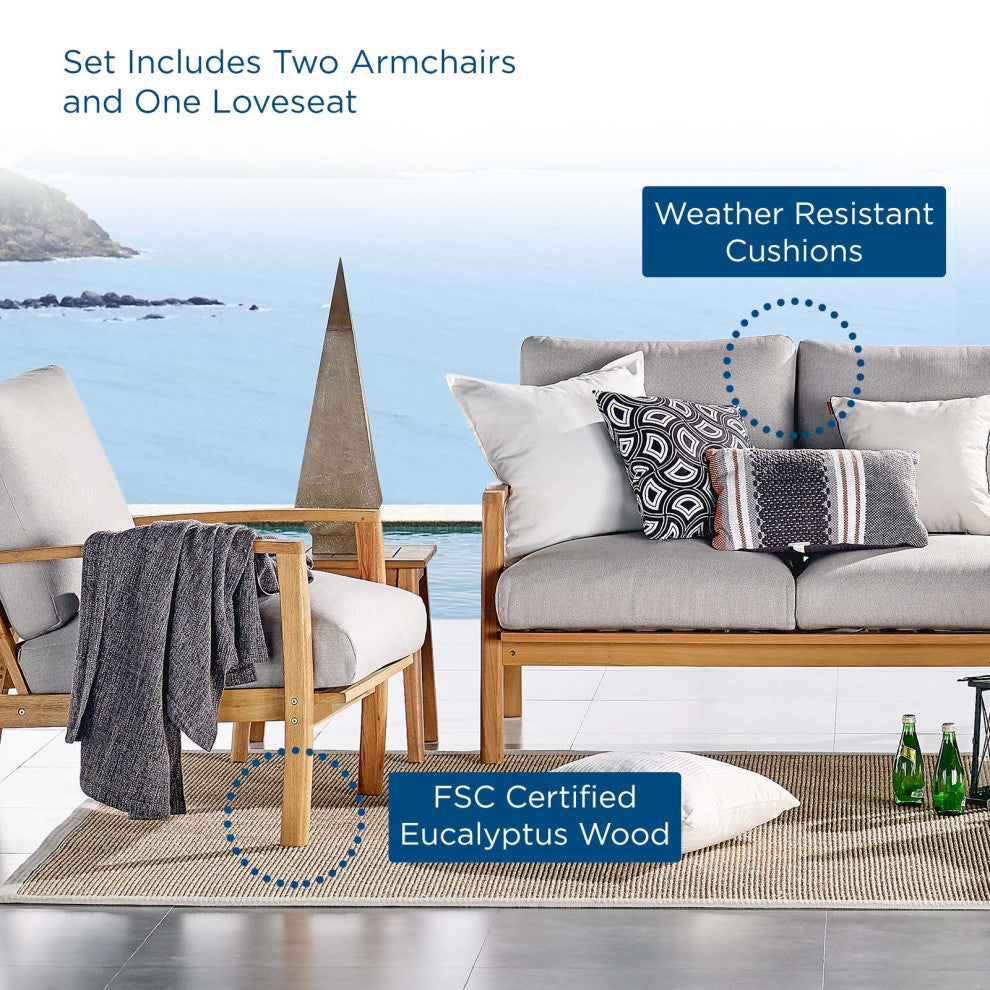 Lounge Sectional Sofa Chair Set, Wood, Brown Natural Gray, Modern, Outdoor