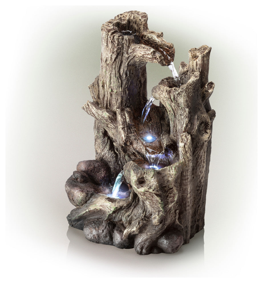 Alpine 5-Tiered Rainforest Tree Trunk Tabletop Fountain, LED Lights, 14" Tall