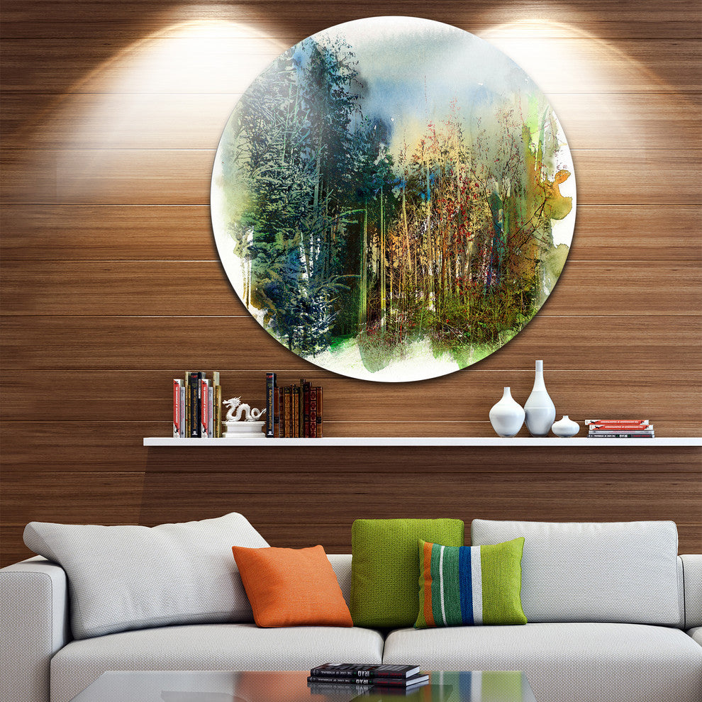Forest Motif Watercolor, Landscape Painting Disc Metal Wall Art, 11"