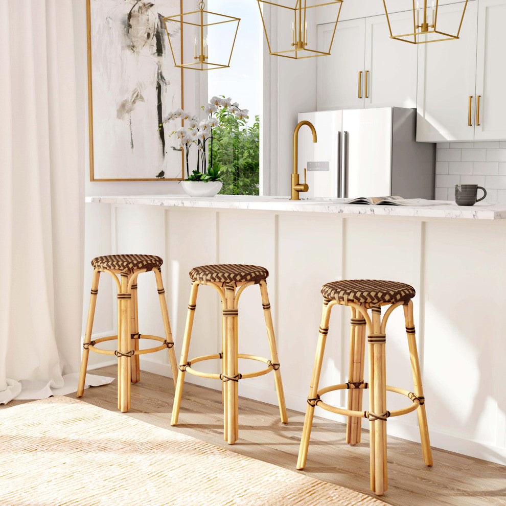 Butler Specialty Company, Tobias Round Rattan 30" Bar Stool, Brown and Tan Dot