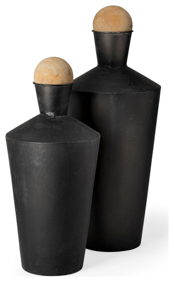 Asher Black Metal With Wood Urns, 2-Piece Set