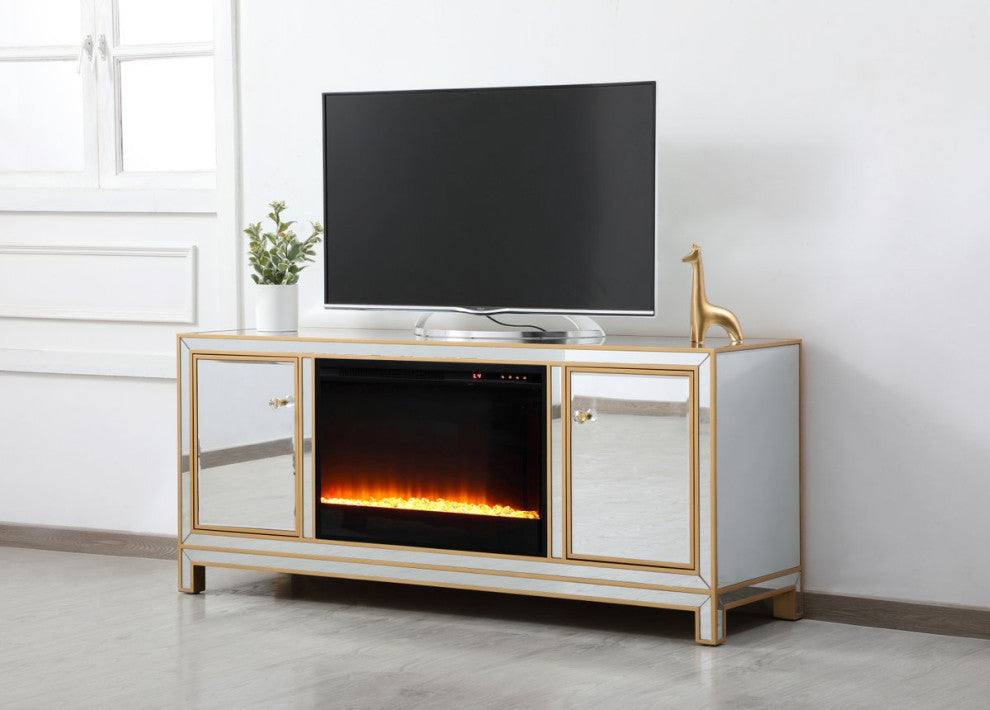Rosie 60" Mirrored TV Stand With Crystal Fireplace, Gold