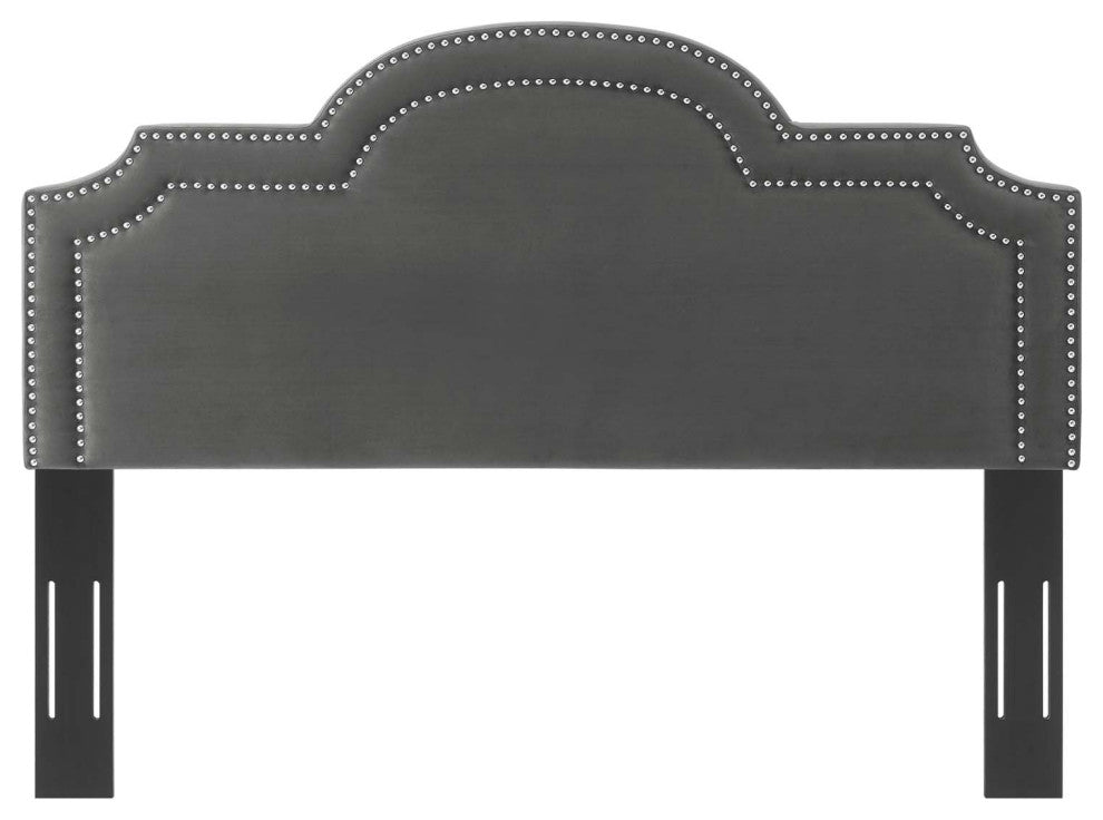 Headboard, Nailhead, Twin Size, Charcoal Gray, Velvet, Modern, Mid Century