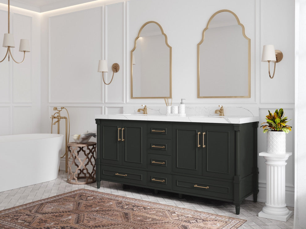 Aberdeen 72 Double Sink Bath Vanity in Black Top 2" White Quartz
