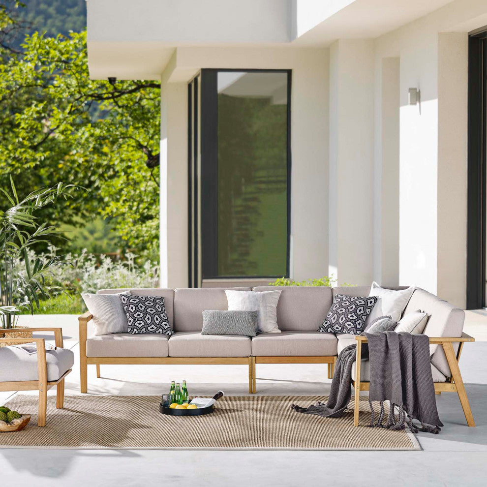 Lounge Sectional Sofa Chair Set, Wood, Brown Natural Taupe Gray, Modern, Outdoor