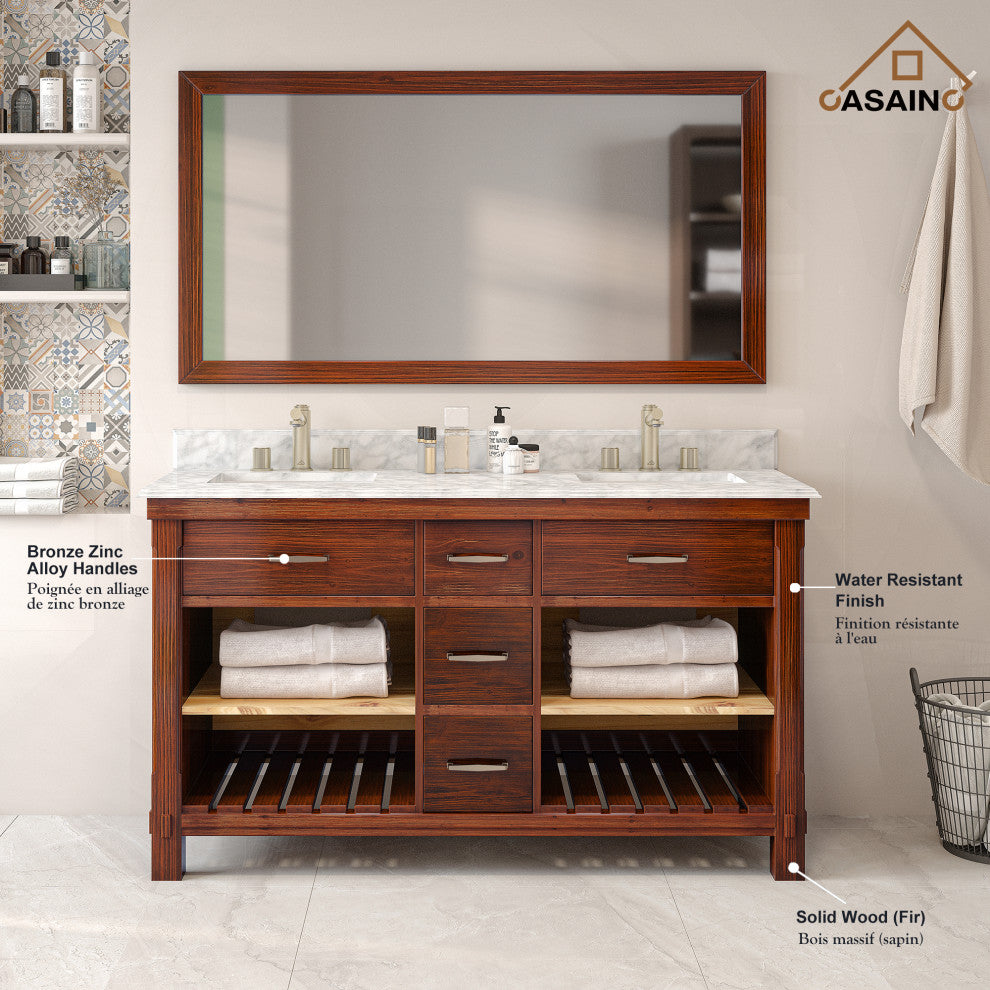 Freestanding Bath Vanity in Brown with White Carrara Marble Top, 60in