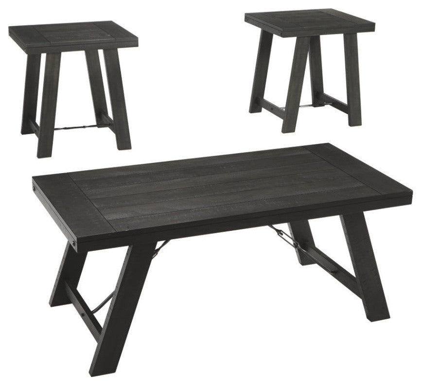 Benzara BM190128 Plank Style Wood Table Set with Canted Legs, Set of 3, Black