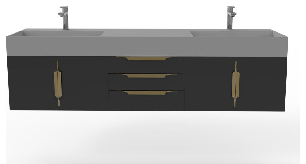 CastelloUSA Amazon 72" Wall Mounted Vanity Set, Black, Gray Top, Gold Handles