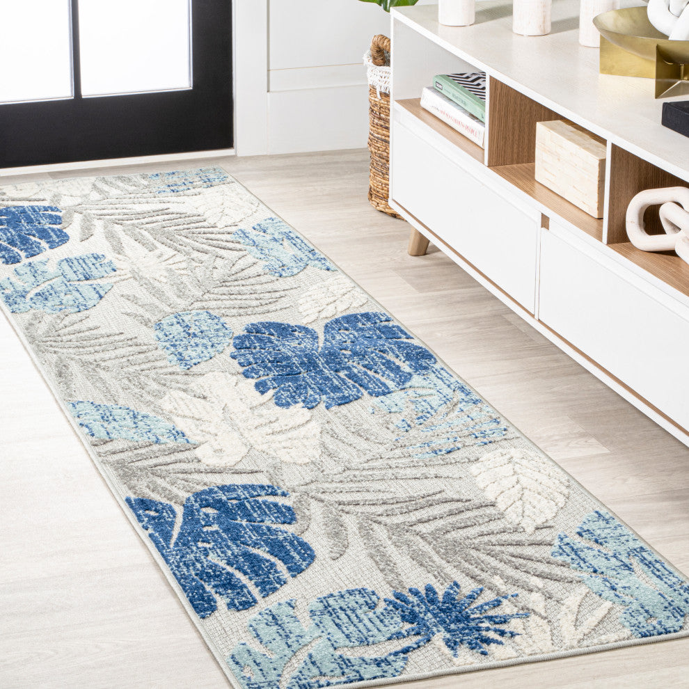 Monstera Tropical Leaf High-Low Indoor/Outdoor Area Rug, Light Gray/Navy, 2 X 8