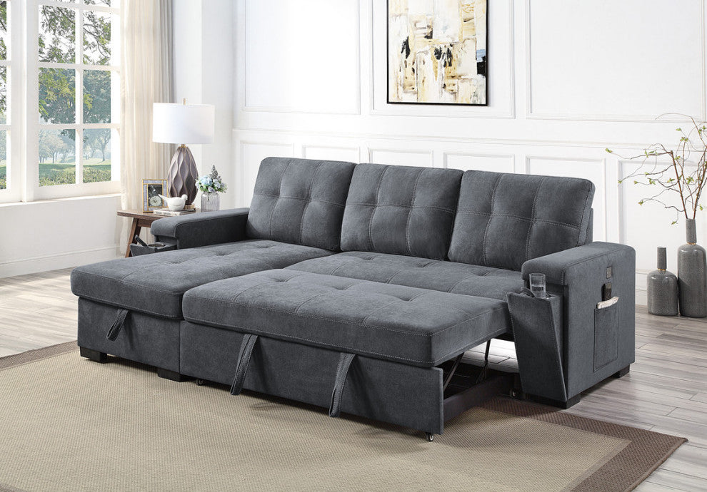 Toby Woven Fabric Reversible Sleeper Sectional With Storage, Cupholder, Gray