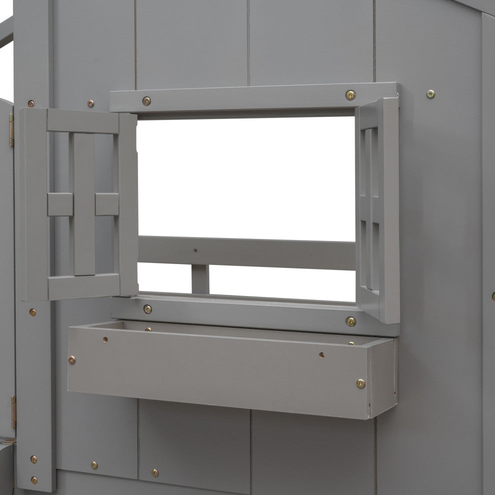 Twin over Twin Low Height Wood House Bunk Bed with Roof and Ladder, Grey