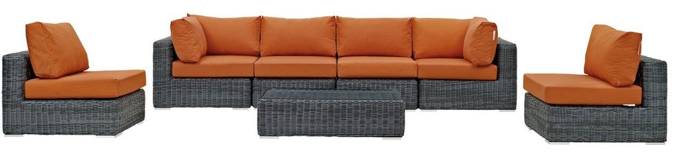 Modern Contemporary Outdoor Patio 7-Piece Sectional Sofa Set, Orange, Rattan