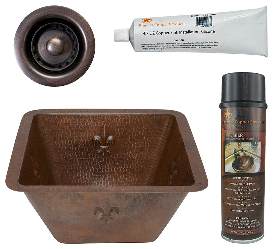 15" Square Fleur De Lis Copper Bar/Prep Sink, 2" Drain Opening