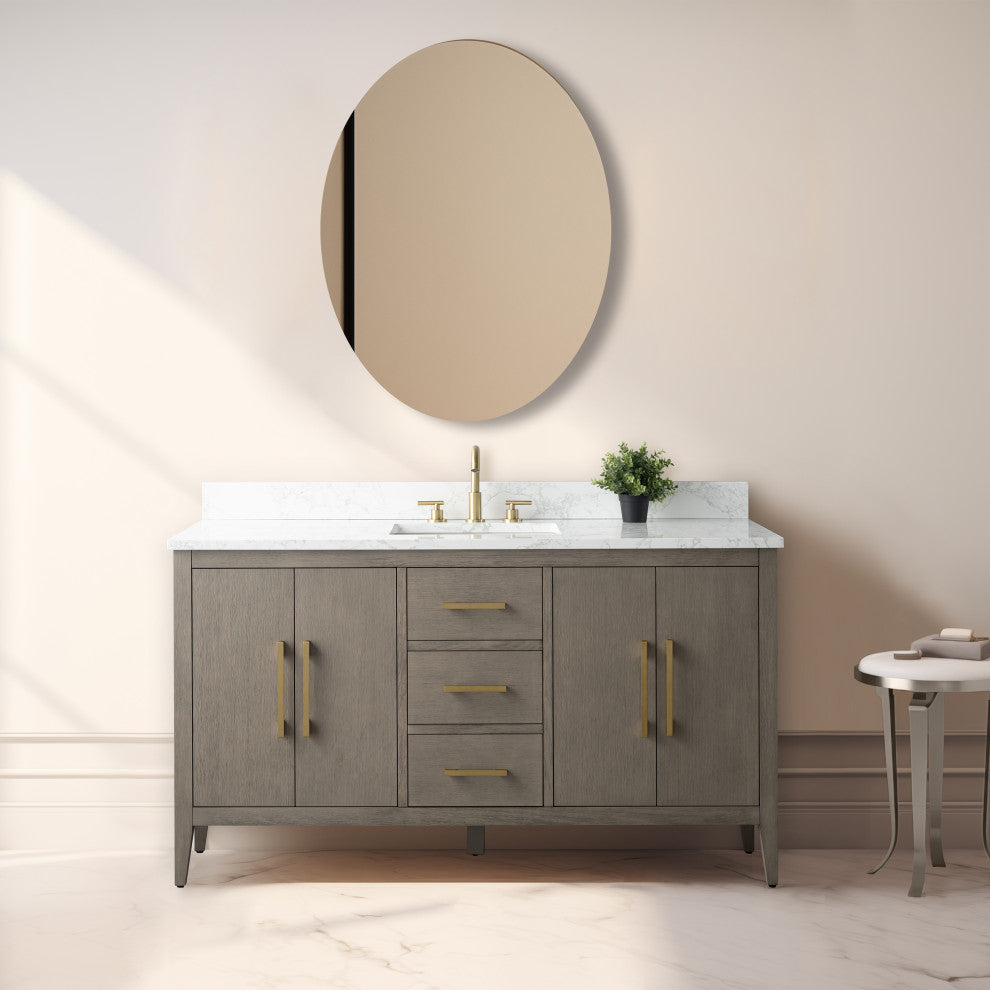 Vanity Art Bathroom Vanity With Sink, Driftwood Gray, 60", Single Sink, Golden Brushed