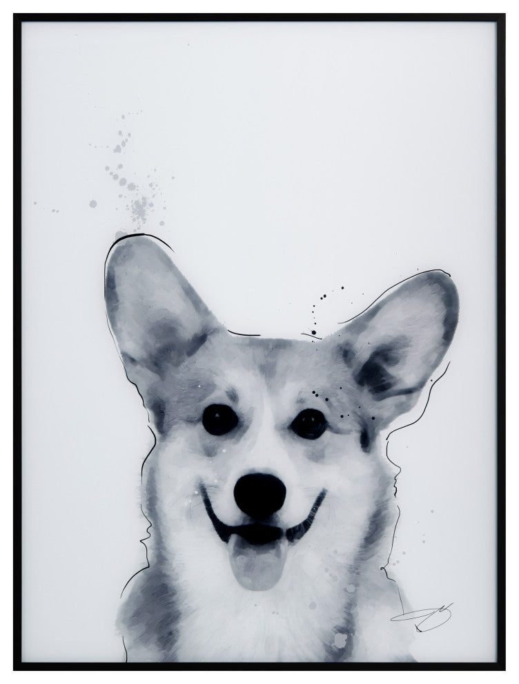 "Corgi" Black and White Pet Art on Printed Glass with Gunmetal Anodized Frame