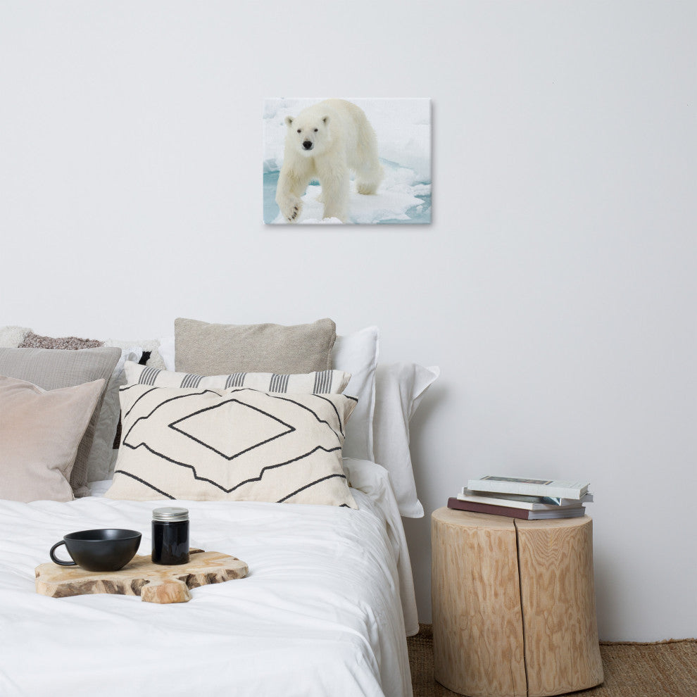 Giant White Polar Bear Walking On Icy Lake Wildlife Photo Canvas Wall Art Print, 18" X 24"