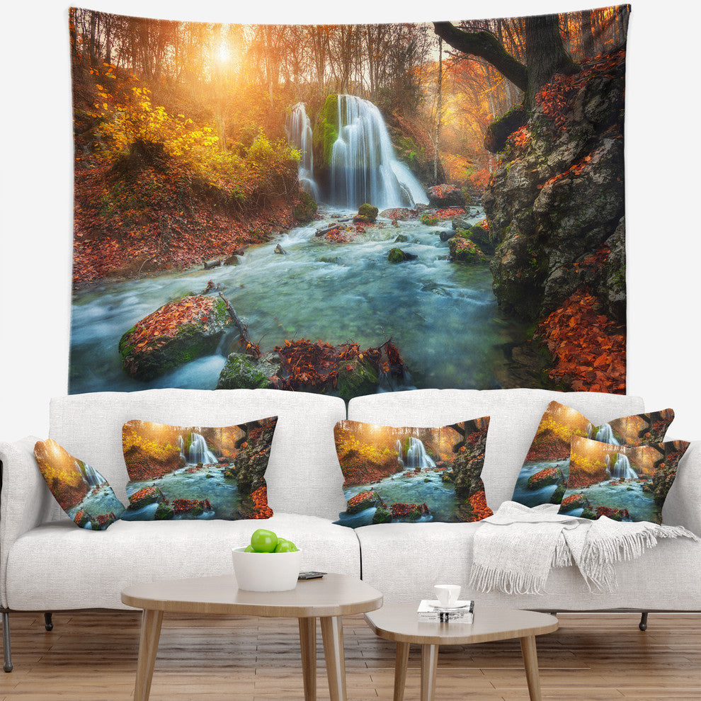 Fast Flowing Fall River in Forest Landscape Photography Wall Tapestry, 39"x32"