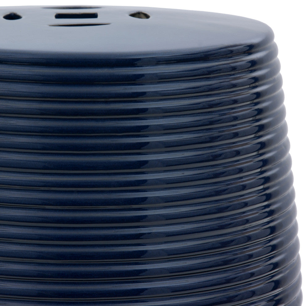 18" Dark Blue Ribbed Porcelain Garden Stool
