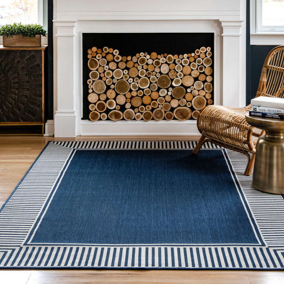 Nuloom Asha Simple Border Indoor/Outdoor Striped Area Rug, Navy 3'6"x5'