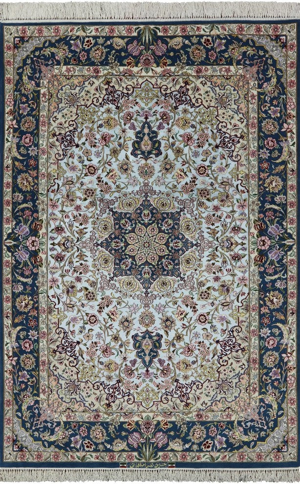 Signed Authentic Super Fine Persian Silk Isfahan Rug, 5'x8'