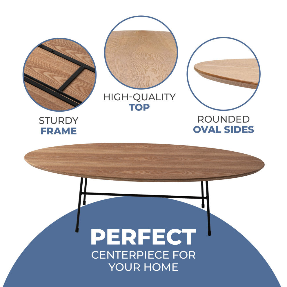LeisureMod Rossmore Oval Coffee Table with Black Steel Frame, Walnut
