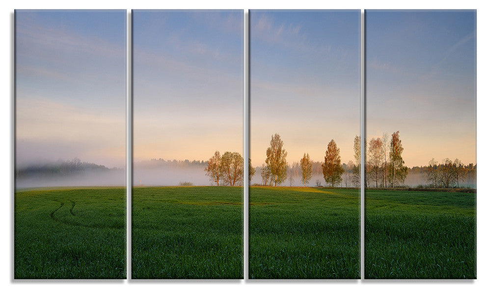 Foggy Early Morning Panorama, Landscape Canvas Art Print, 48"x28", 4 Panels