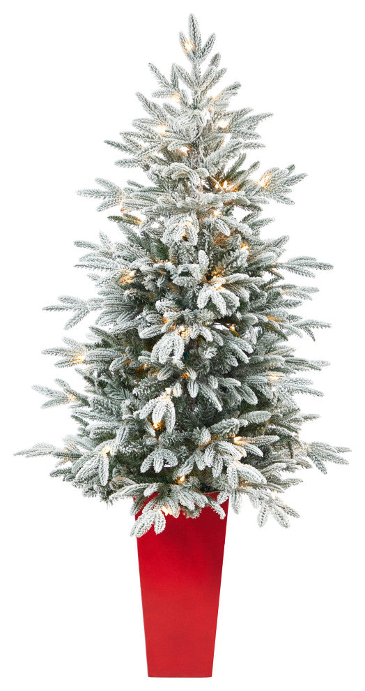 5' Flocked Manchester Spruce Faux Xmas Tree W/100 Lights & 357 Bendable Branches