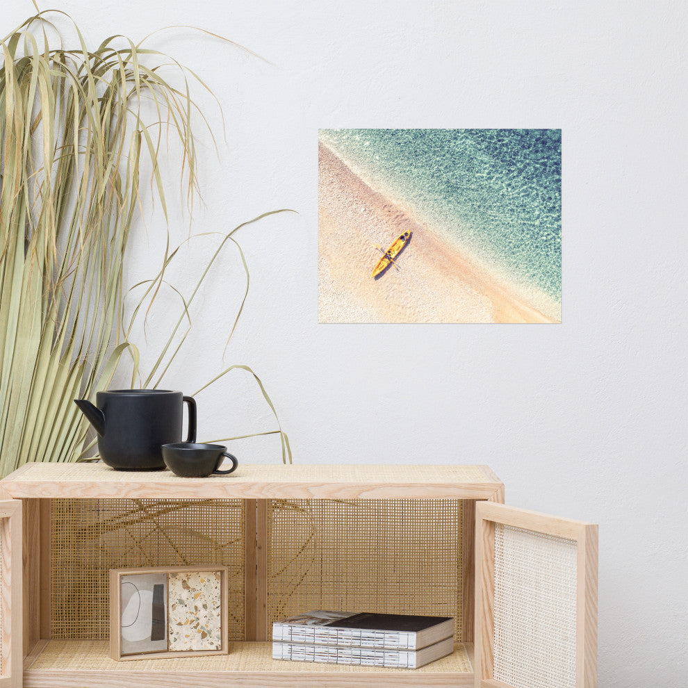 Yellow Canoe & Blue Sea with Soft Violet Effect Landscape Photo Loose Art Print, 16" X 20"